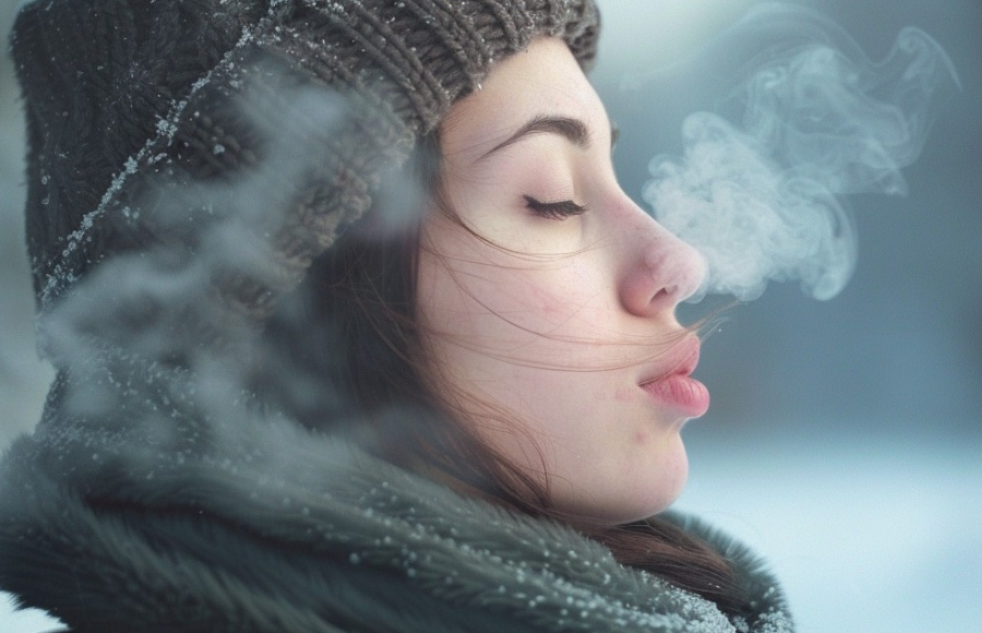 Woman breathing winter air