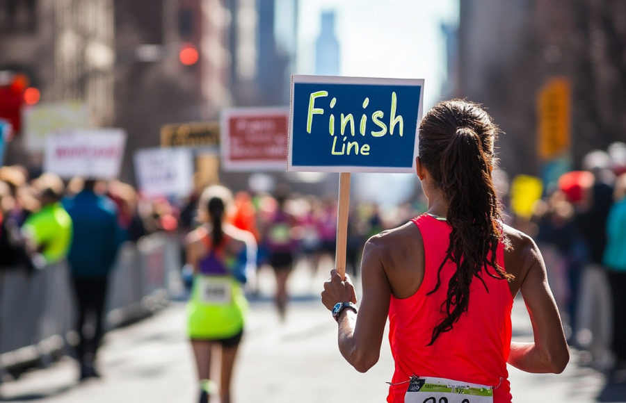 Female runner in race with finish line sign