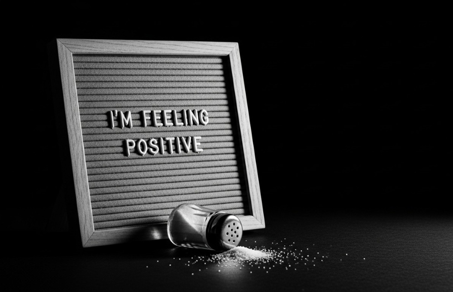 Black and white moody image with dig board with I'M FELLING POSITIVE and a tipped over salt container, with spilled salt