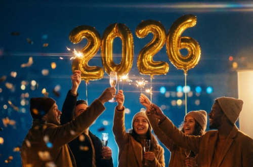 2026 gold inflated balloons and signs above 5 friends heads with sparklers, them wearing winter coats, toasting with champagne glasses.