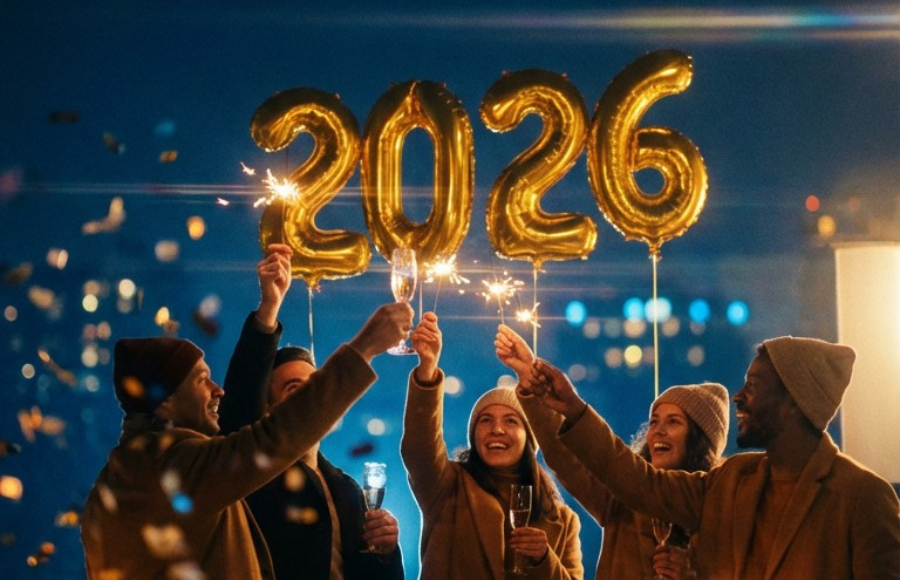 2026 gold inflated balloons and signs above 5 friends heads with sparklers, them wearing winter coats, toasting with champagne glasses.