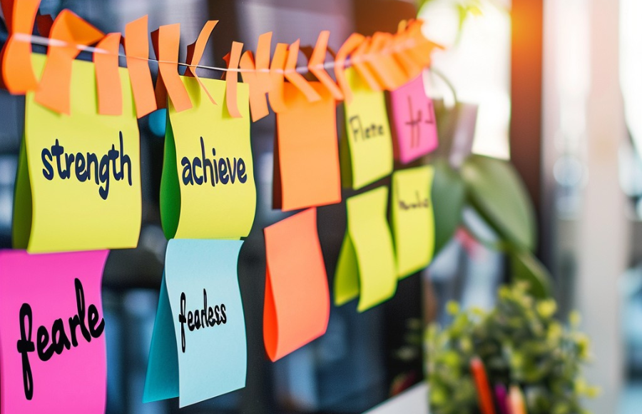 A string of post it notes, like on a makeshift washing line but in an office.