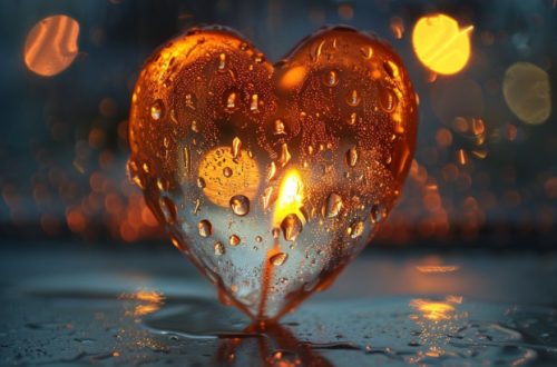 Glass amber heart in water droplets