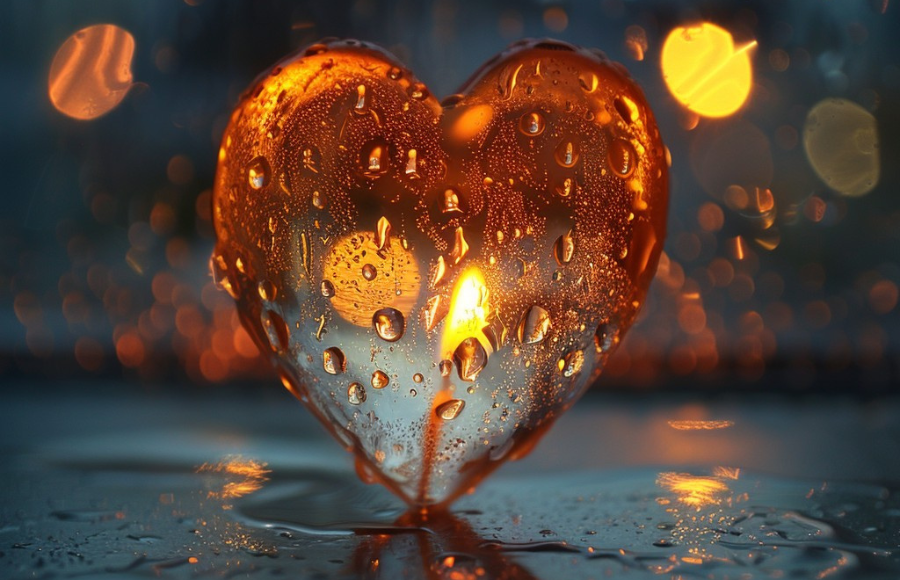 Glass amber heart in water droplets