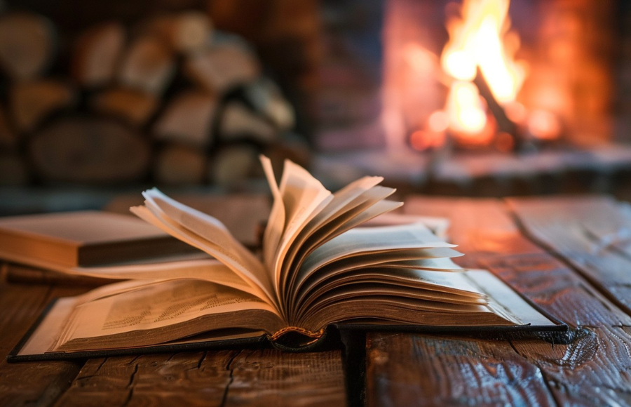 Open book by fireplace