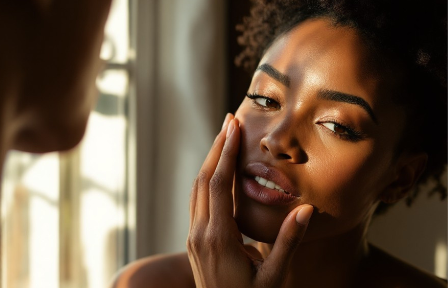 Beautiful black woman thinking and reflecting