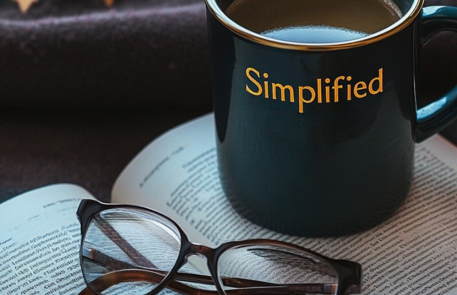 Simplified Coffee logo cup on open book with glasses