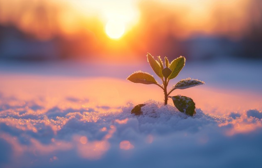 plant emerging from snow, with sunrise in background