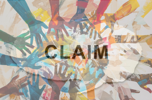 The word CLAIM faded in the background with multi colored hands reaching
