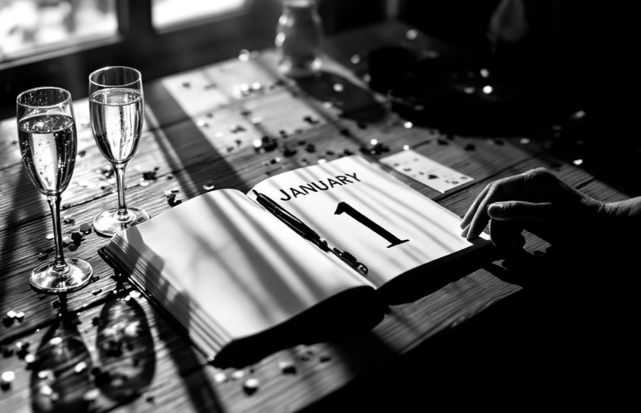 black and white image open journal with january 1 on it and it's next to 2 champagne glasses