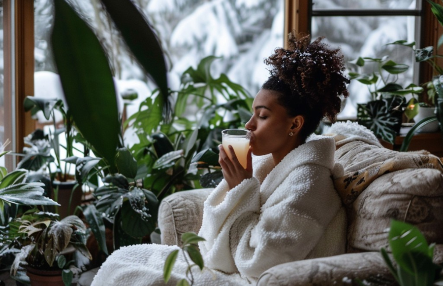 Beautiful black woman in blanket winter back drop
