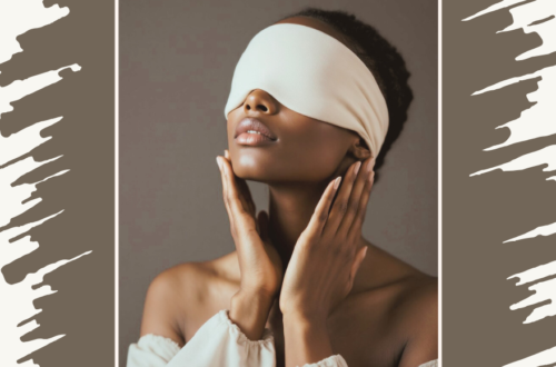 Beautiful black woman with blindfold on, coffee and cream backdrop