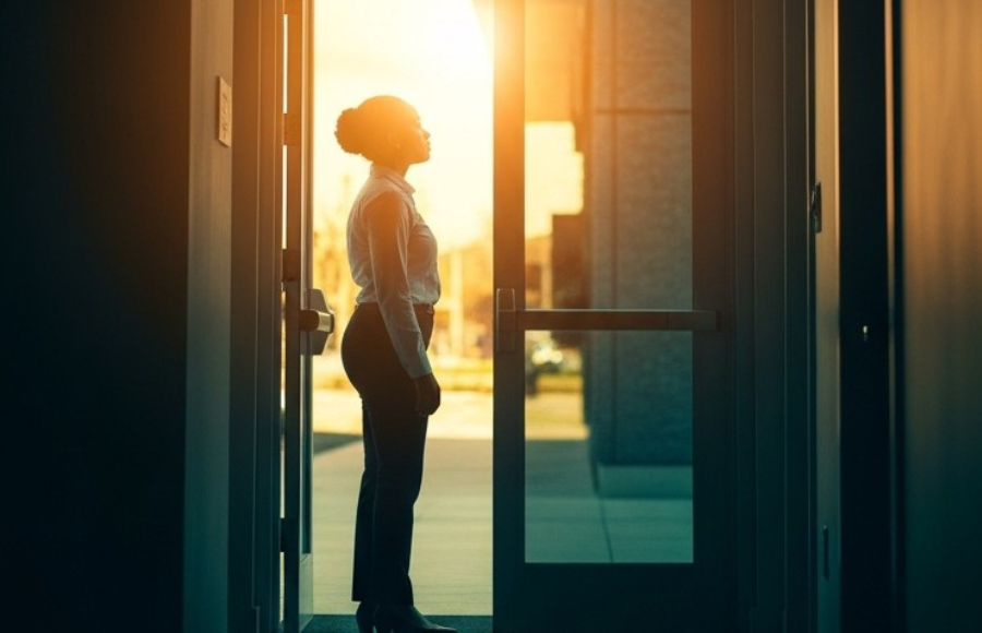 Beautiful woman standing facing a dawning light.