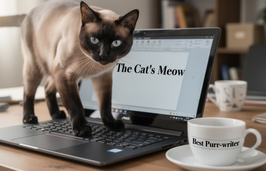 Cat walking across a keyboard with "The Cat's Meow' on the screen