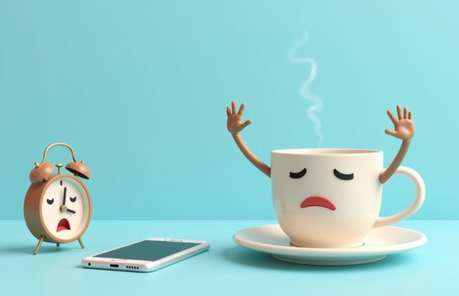 coffee cup and clock tired faces with phone