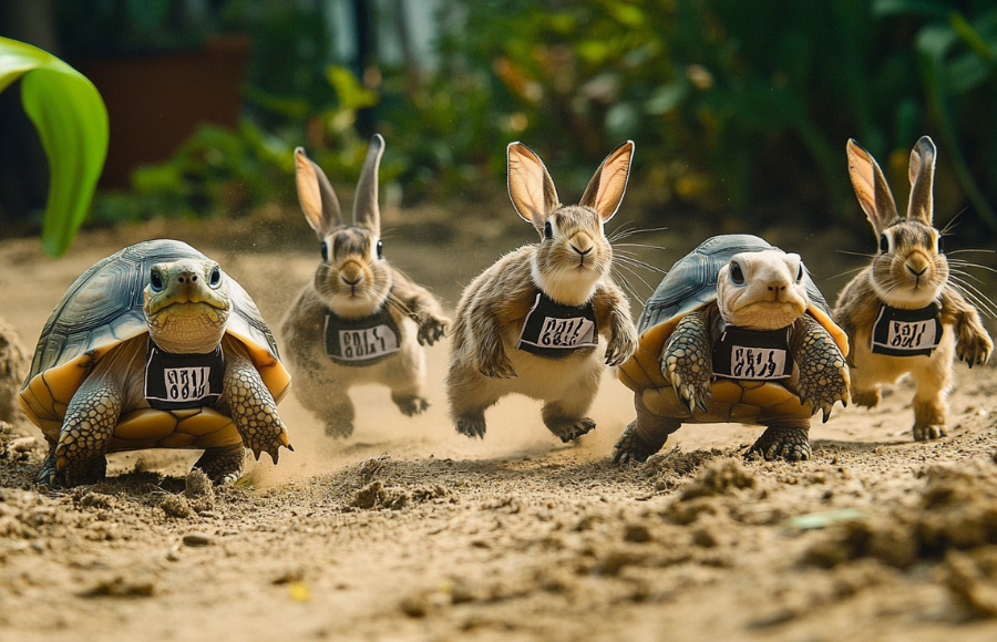 Hares ad Turtles in a race