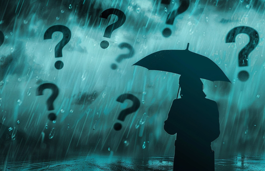 Women in a rain of question marks