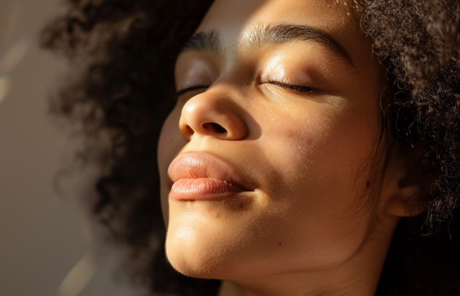 Beautiful black woman reflecting, head back, eyes closed.