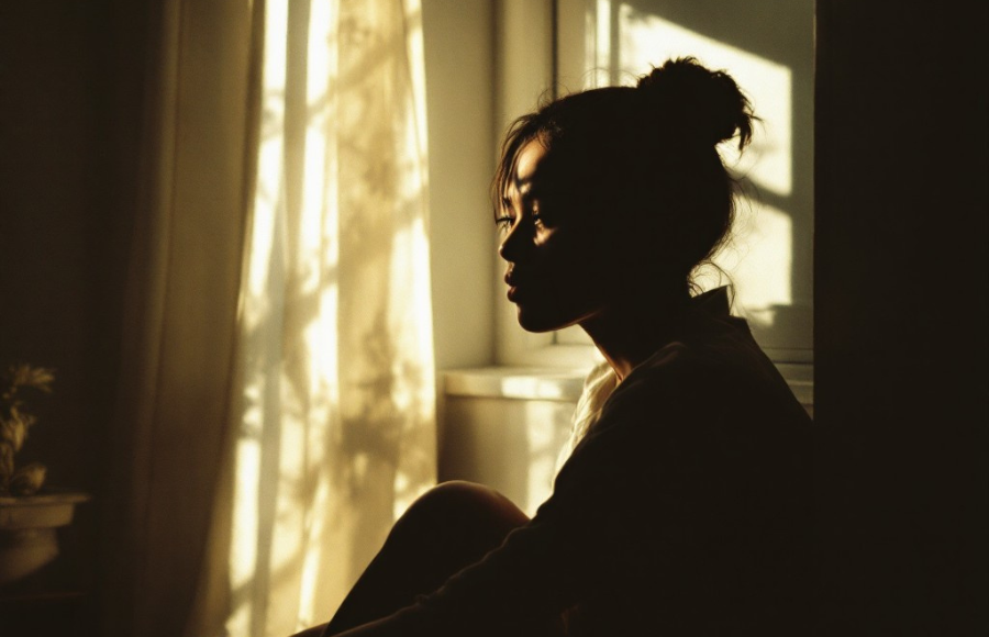 beautiful black woman sitting in dark, loss of energy