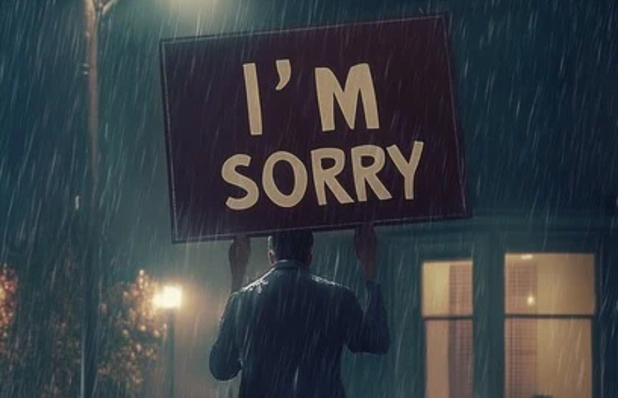 I'm Sorry sign man in rain like cartoon/comic looking