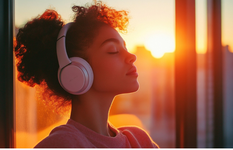 Beautiful black woman thinking with headphones