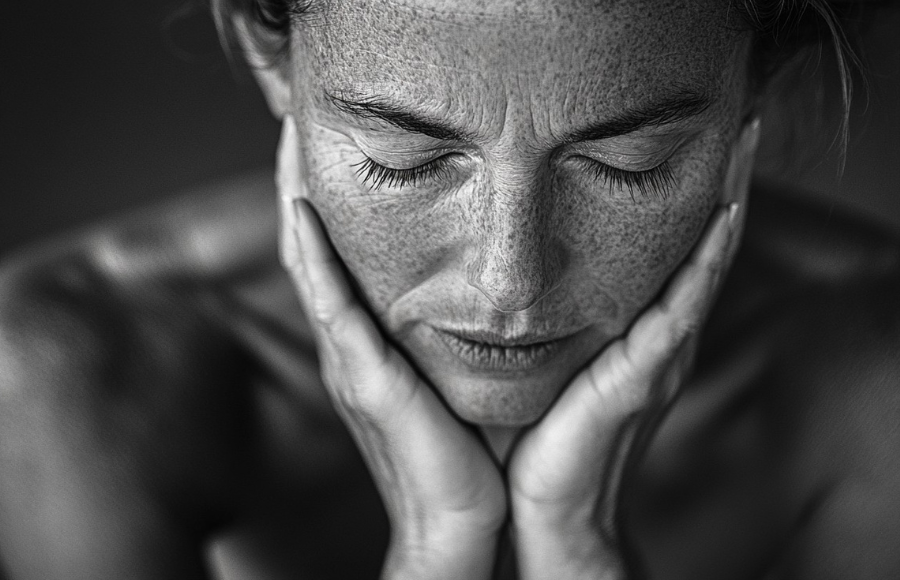 woman in black andn white eyes closed hands on chin stressed