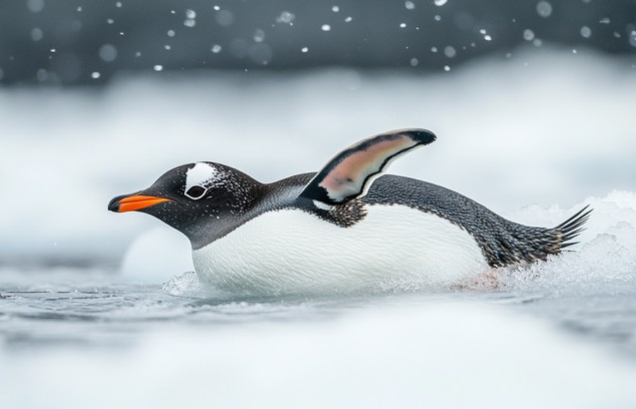 Penguin sliding on ice.