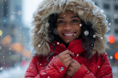 Beautiful black woman, in the falling snow, in red winter coat with fur hood