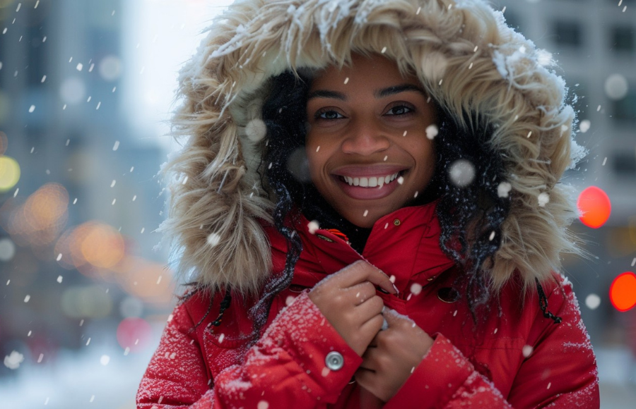 Beautiful black woman, in the falling snow, in red winter coat with fur hood