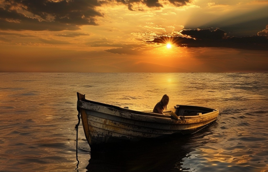 Woman solo in a boat at seat, at dusk