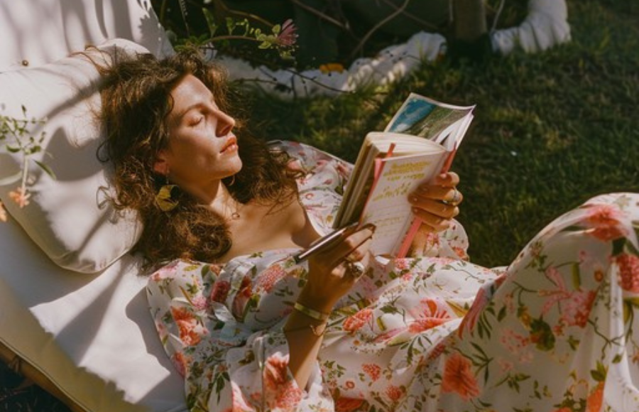 White woman reading in a garden, laying down
