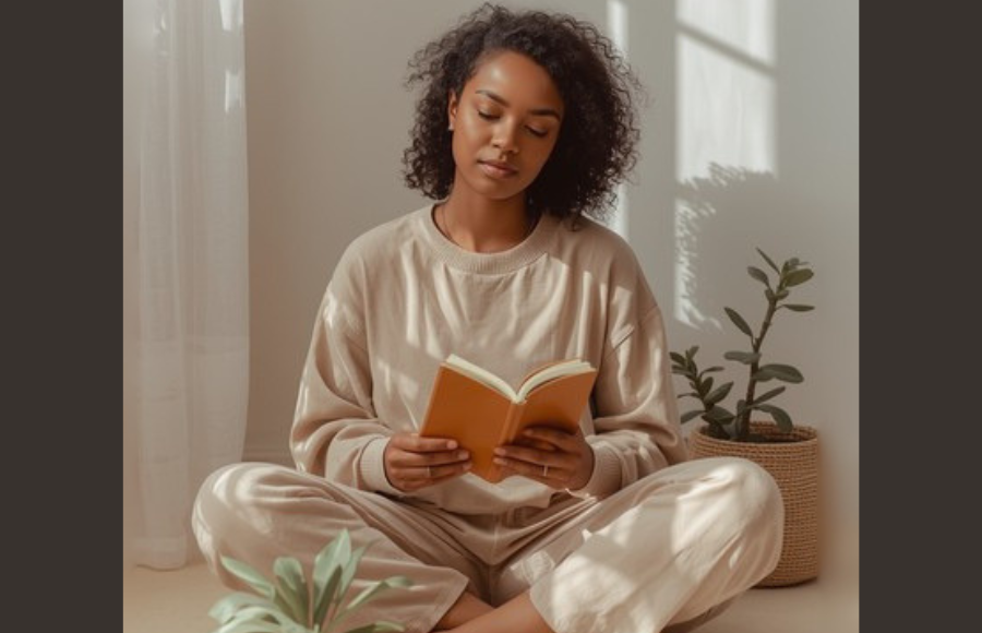 Beautiful black woman reading in a room in sweats
