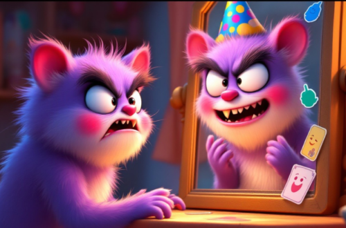 Cute monster looking in mirror