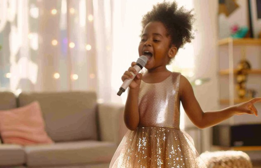 Cute 5 year old black girl in sparkly dress with microphone singing in her living room
