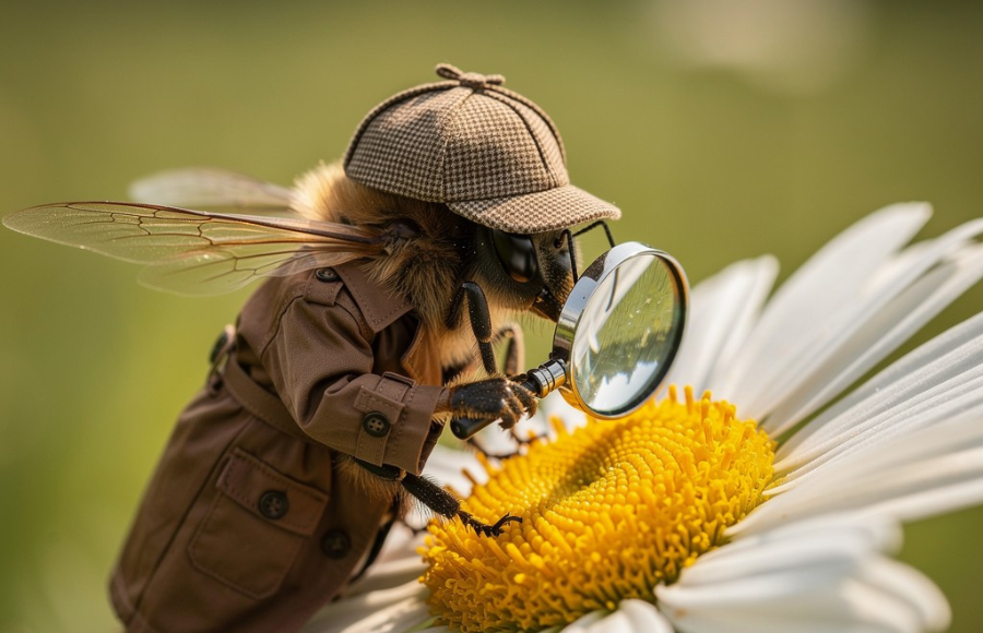 Cute bumblebee detective examining the yellow of a flower.