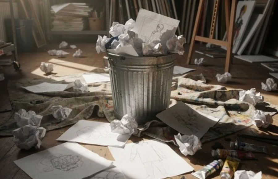 Silver trash bin rubbish bin with crumpled pieces of paper ovver flowing and around it in an office or storage setting