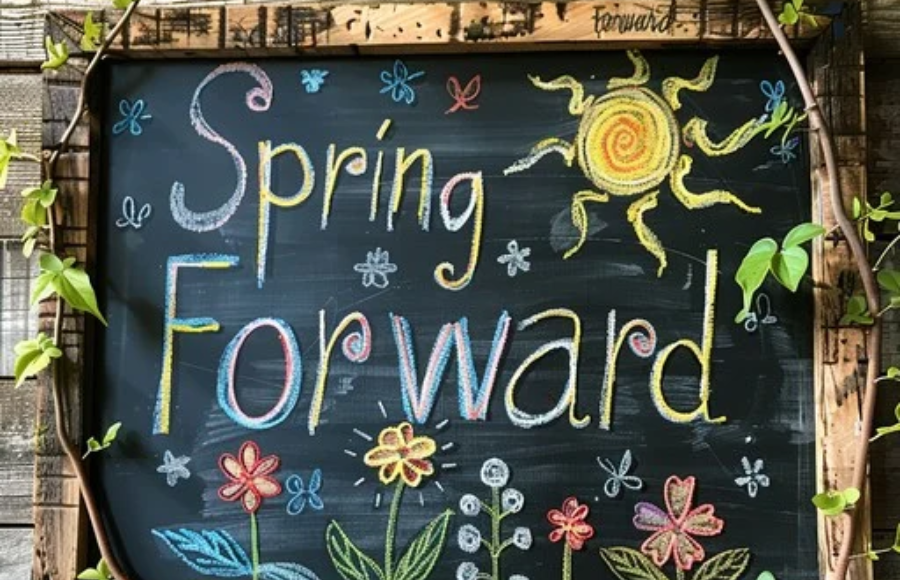 Spring Forward sign blackboard with chalk yellow flowers and floral scene.