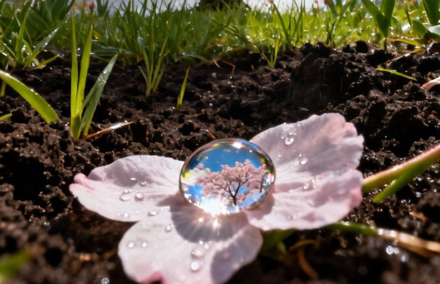 Spring flower water droplet with reflective image of the pink flower