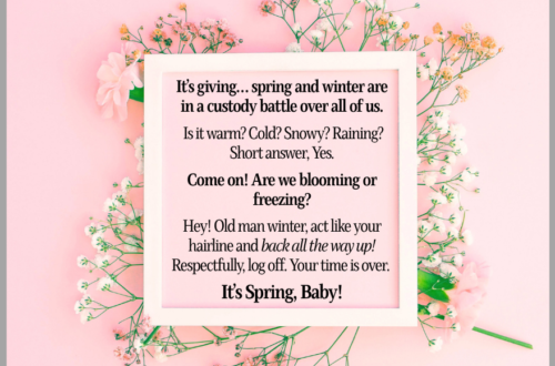 Funny sarcastic spring weather text. Pink background with wild flowers.