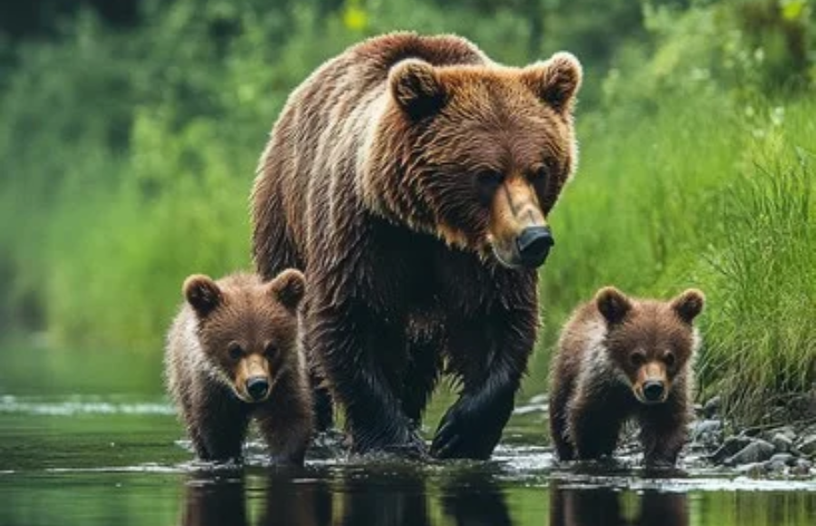 Mumma bear with 2 cubs in a river