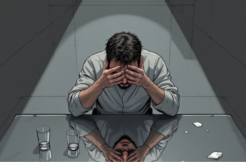 Graphic of man with head in hands and under a spotlight