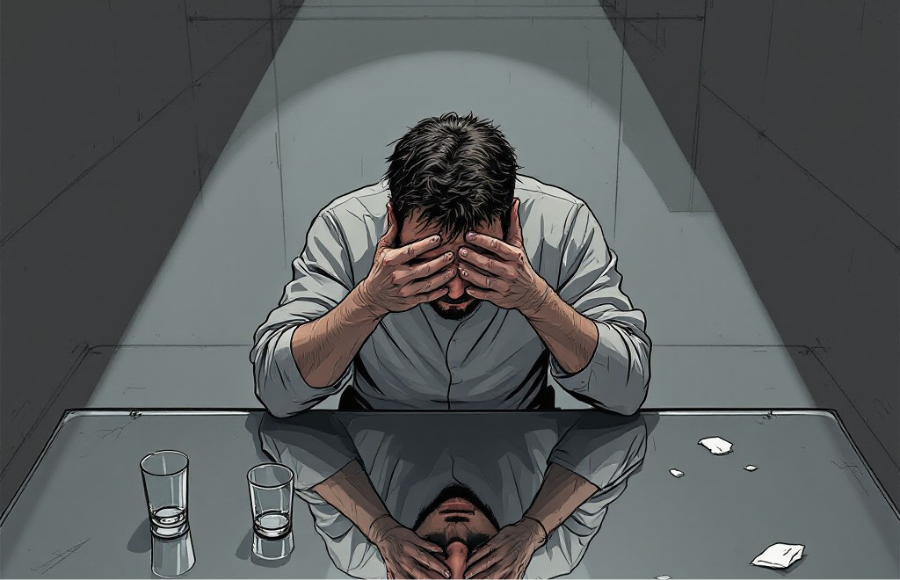 Graphic of man with head in hands and under a spotlight