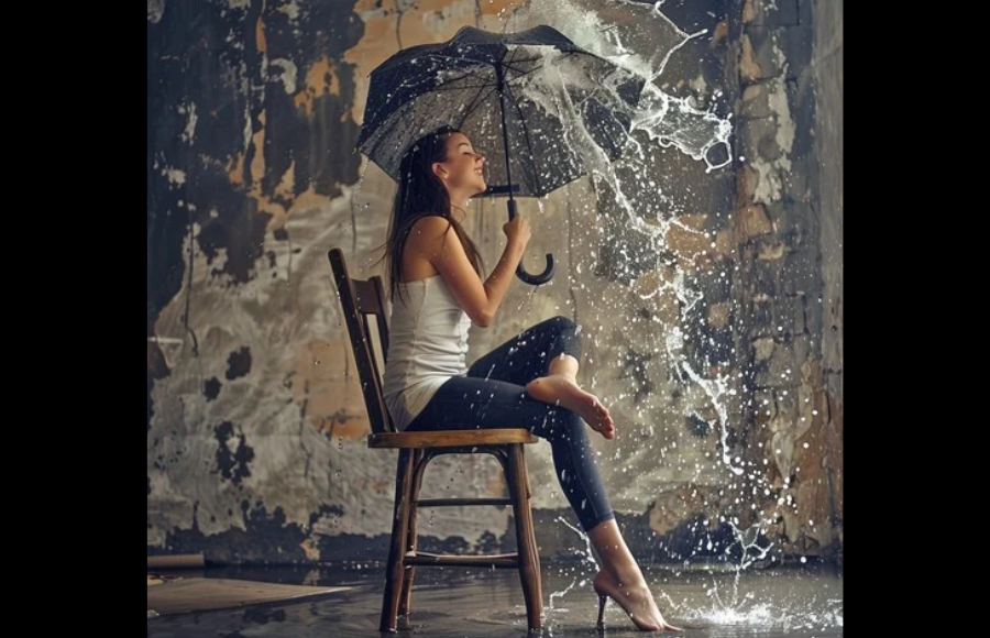 Woman sitting in chair with splatter-paint board behind her, holding umbrella to sheild from rain water