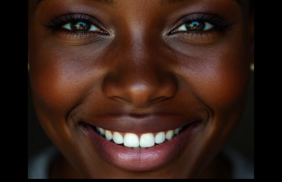 Beautiful black woman close up smiling eyes teeth.