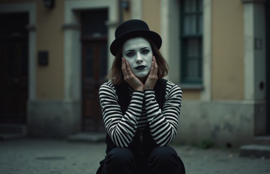 A contemplative mime performer sits in solitude against a softly blurred urban landscape. Dressed in the classic black and white striped costume and traditional white face paint, they express a subtle melancholy through their pensive pose. Their hands frame their face in a theatrical gesture while wearing a black hat that completes the timeless look. The vintage aesthetic is enhanced by diffused lighting that casts a moody atmosphere over the scene. The contrast between the performer's expressive silence and the quiet city backdrop creates a powerful moment of wordless storytelling that captures the essence of mime artistry.