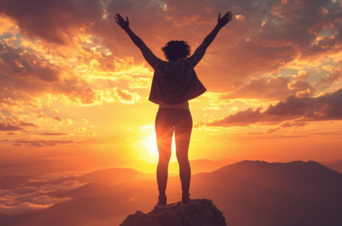 A lone person arms up and open down an empty road during golden hour, their silhouette backlit by a warm amber sunset breaking through moody storm clouds.