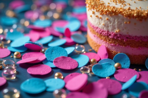 Vibrant magenta and electric blue confetti pieces reveal their intricate paper textures in stunning detail, scattered artistically among rising bubbles that capture and reflect golden light.