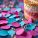 Vibrant magenta and electric blue confetti pieces reveal their intricate paper textures in stunning detail, scattered artistically among rising bubbles that capture and reflect golden light.