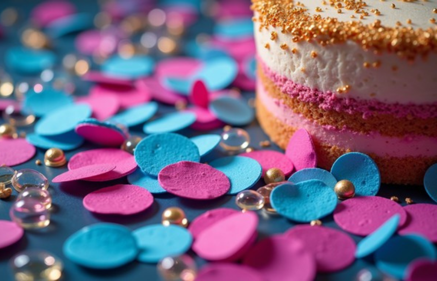 Vibrant magenta and electric blue confetti pieces reveal their intricate paper textures in stunning detail, scattered artistically among rising bubbles that capture and reflect golden light.