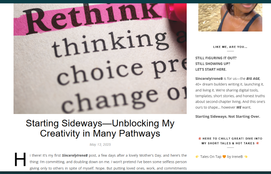 SincerelyIreneb.com first blog post "Starting Sideways" feature image.